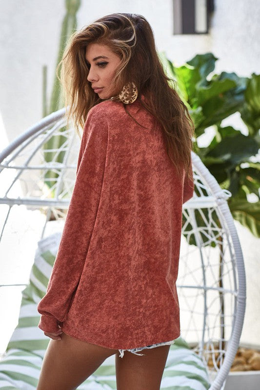 Loop Terry Knit Top With Buttoned Collar - Rust