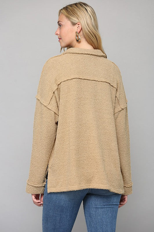Solid Hairy Sweater Knit and Loose Fit Top - Tan