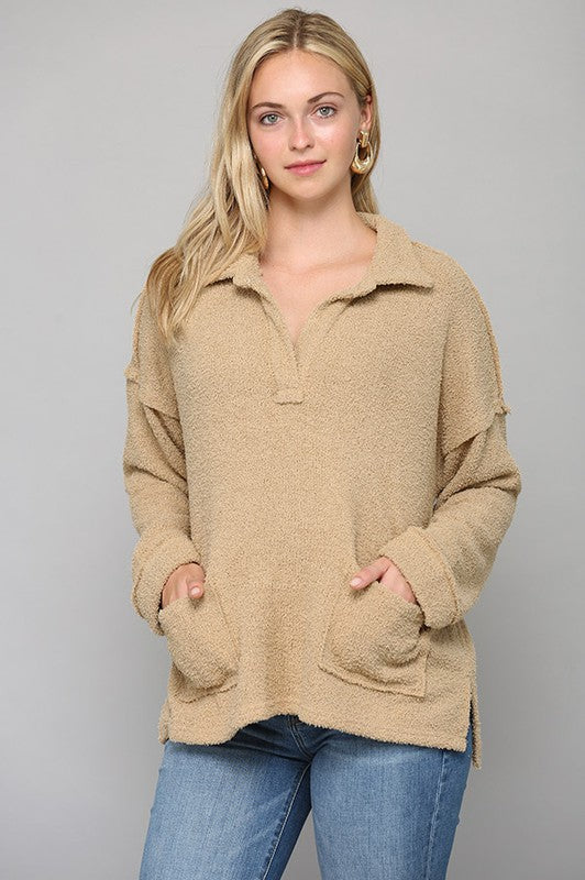 Solid Hairy Sweater Knit and Loose Fit Top - Tan