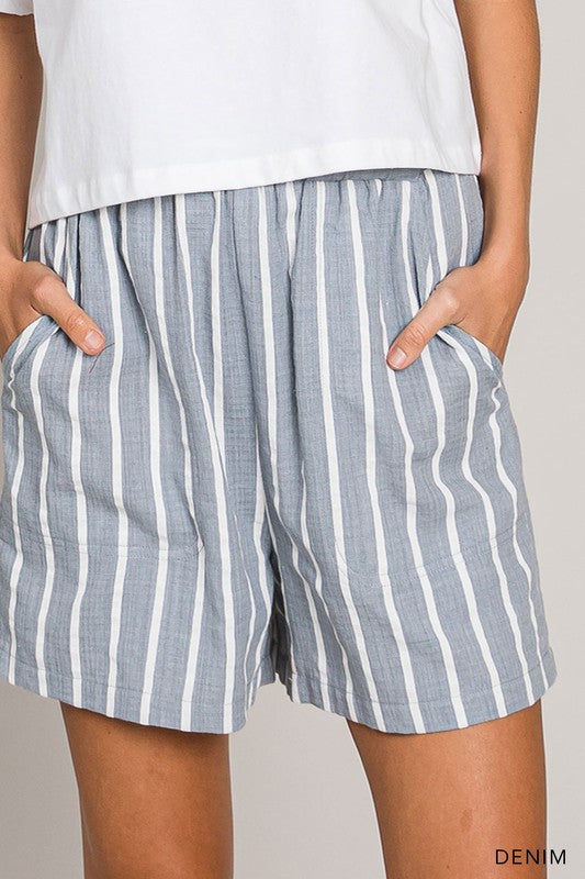 Cotton Striped Full lined Shorts - Denim