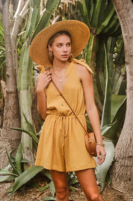 Ribbon Shoulder Button Front Romper - Yellow Parrot