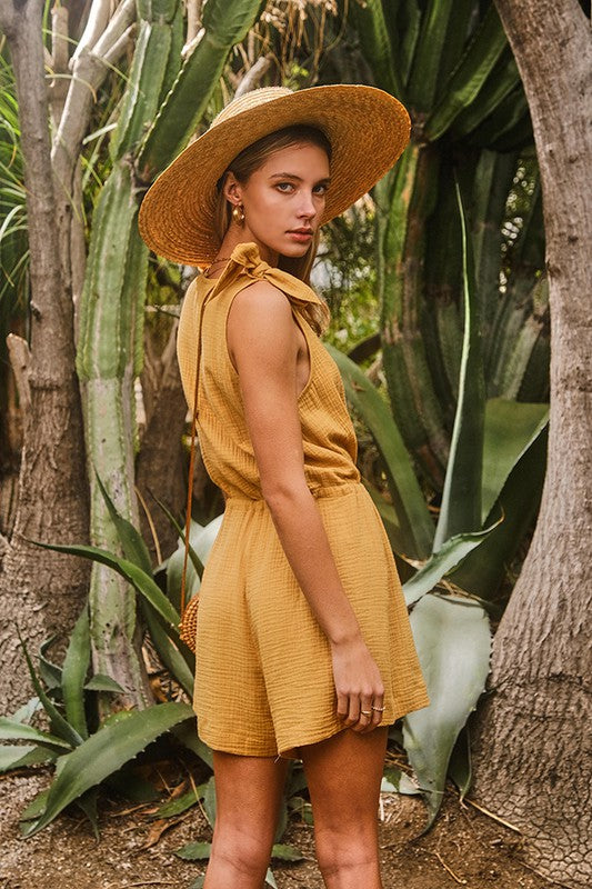 Ribbon Shoulder Button Front Romper - Yellow Parrot