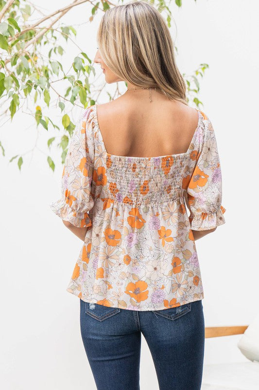 Floral Print V Wired Puff Sleeves Blouse Top - Floral