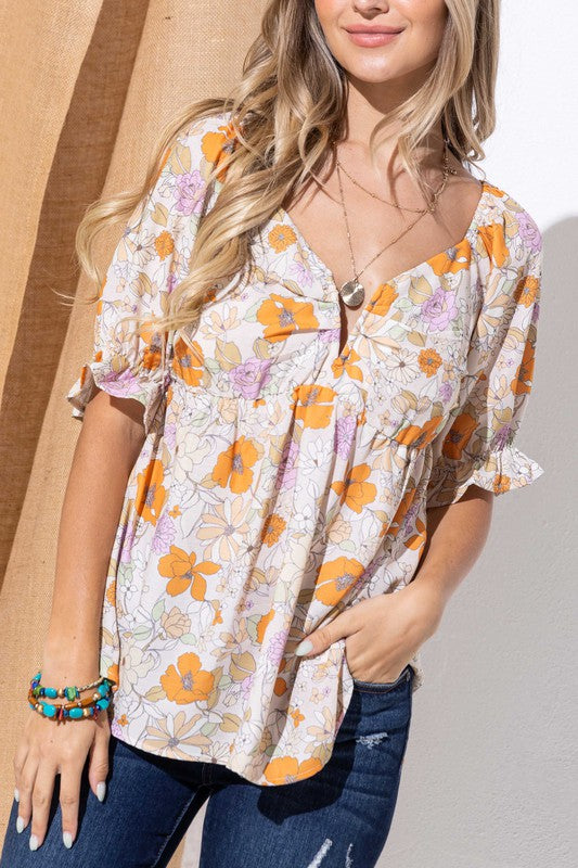 Floral Print V Wired Puff Sleeves Blouse Top - Floral
