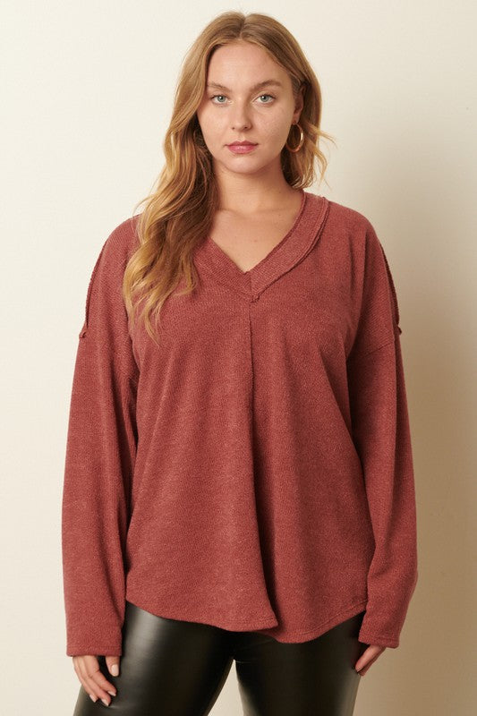 Curvy Corded Melange Hacci V Neck Knit Top - Mauve
