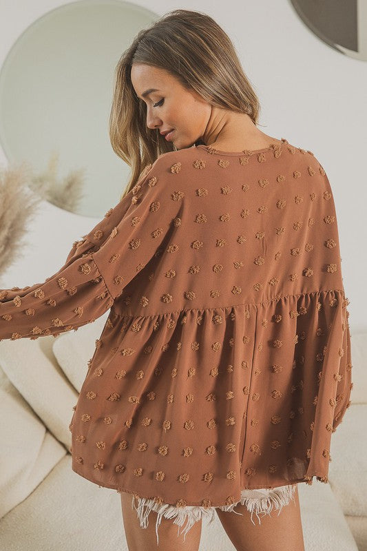 Pom Pom Woven V Neck Tied Top - Camel