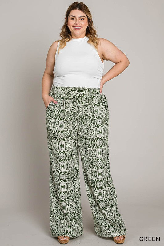 Curvy Boho Ethnic Prints Smocking Detailed Waist Pants - Green