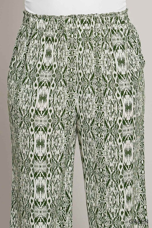 Curvy Boho Ethnic Prints Smocking Detailed Waist Pants - Green