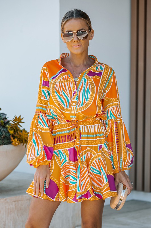 Orange Print Adjustable Balloon Sleeve Dress - Orange Multi