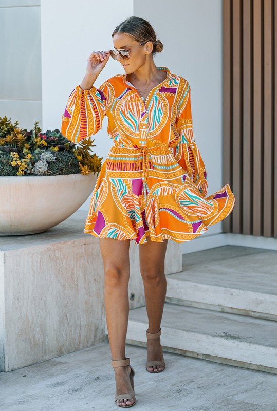 Orange Print Adjustable Balloon Sleeve Dress - Orange Multi