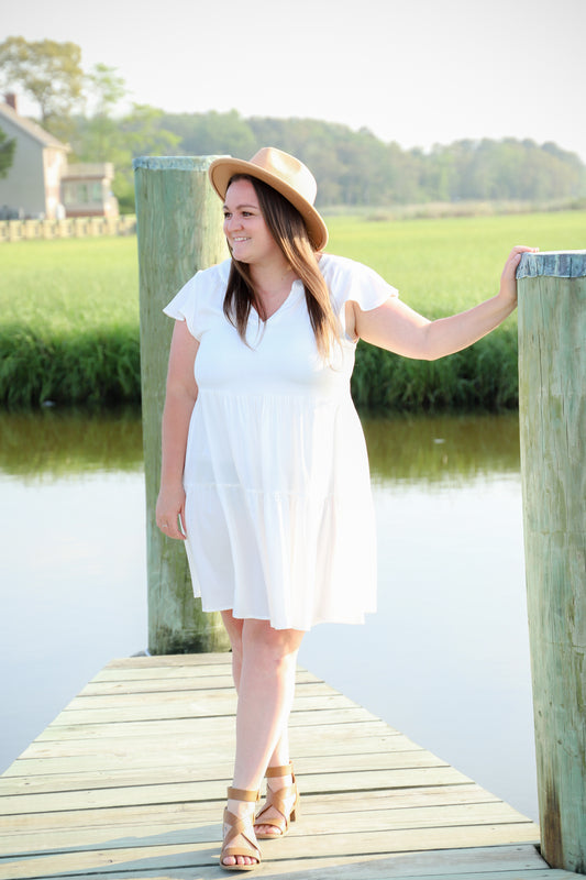 Textured Woven Tiered Dress With Ruffled Sleeves  - Off White