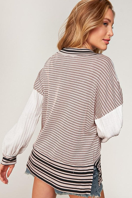 Stripe Rib V Neck Cable Knit Color Block Top - Mauve/Cream/Black