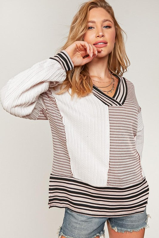 Stripe Rib V Neck Cable Knit Color Block Top - Mauve/Cream/Black