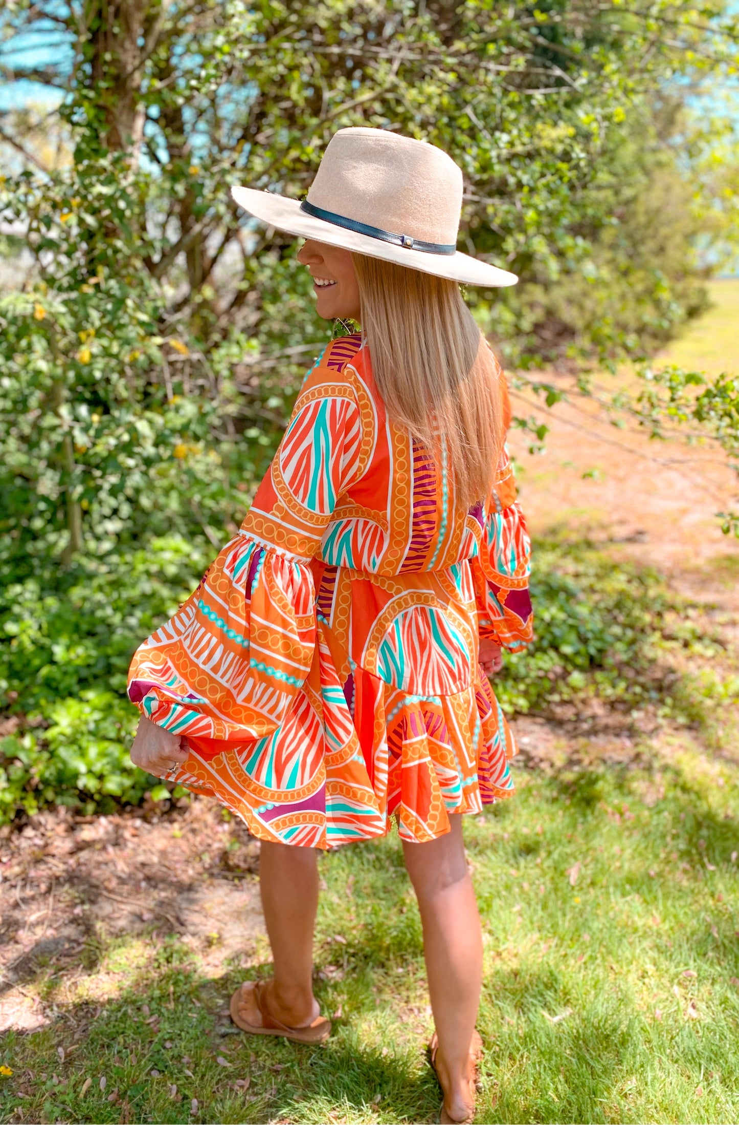 Orange Print Adjustable Balloon Sleeve Dress - Orange Multi