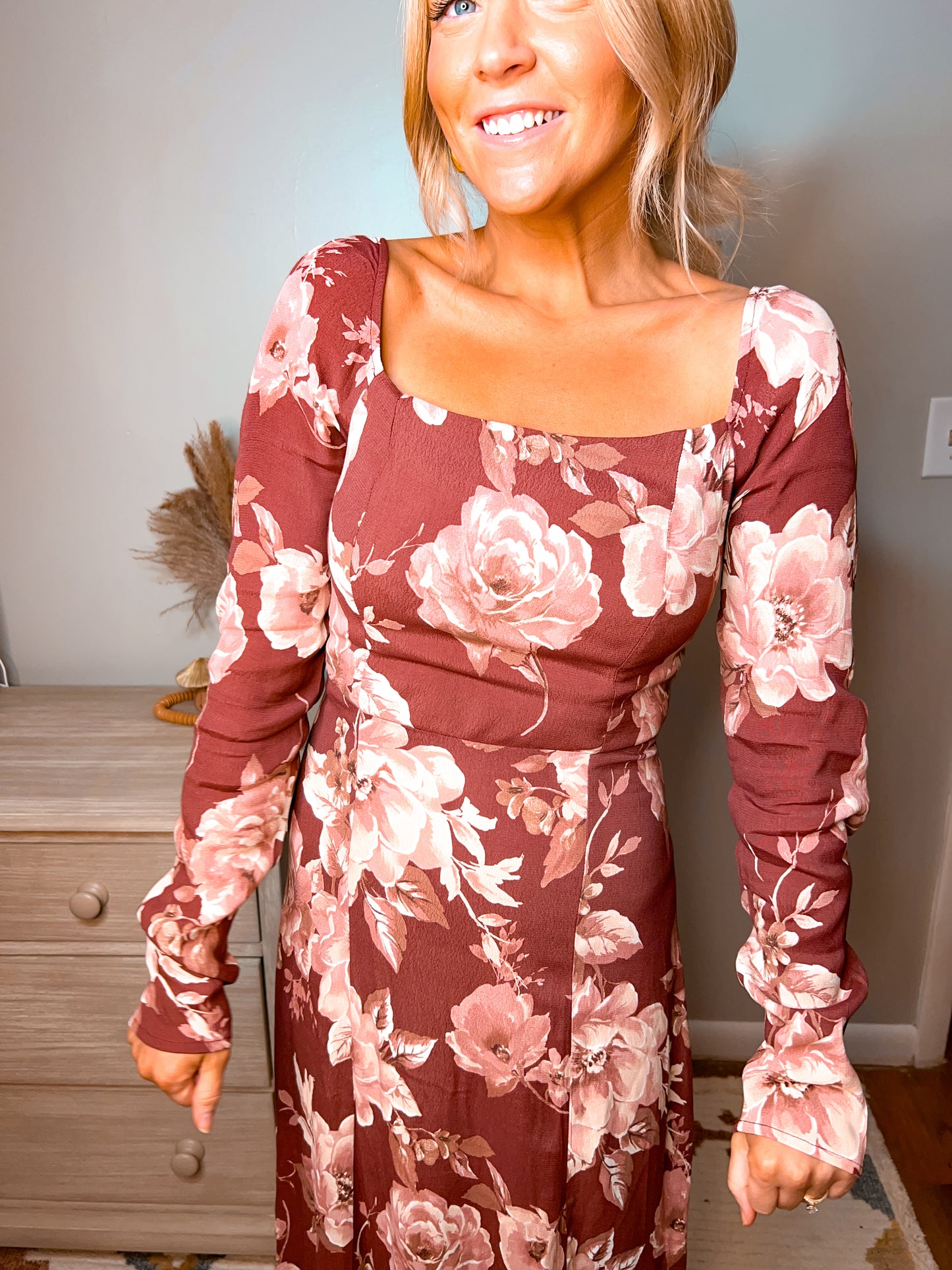 Floral Square Neck Long Sleeve Midi Dress - Burgundy