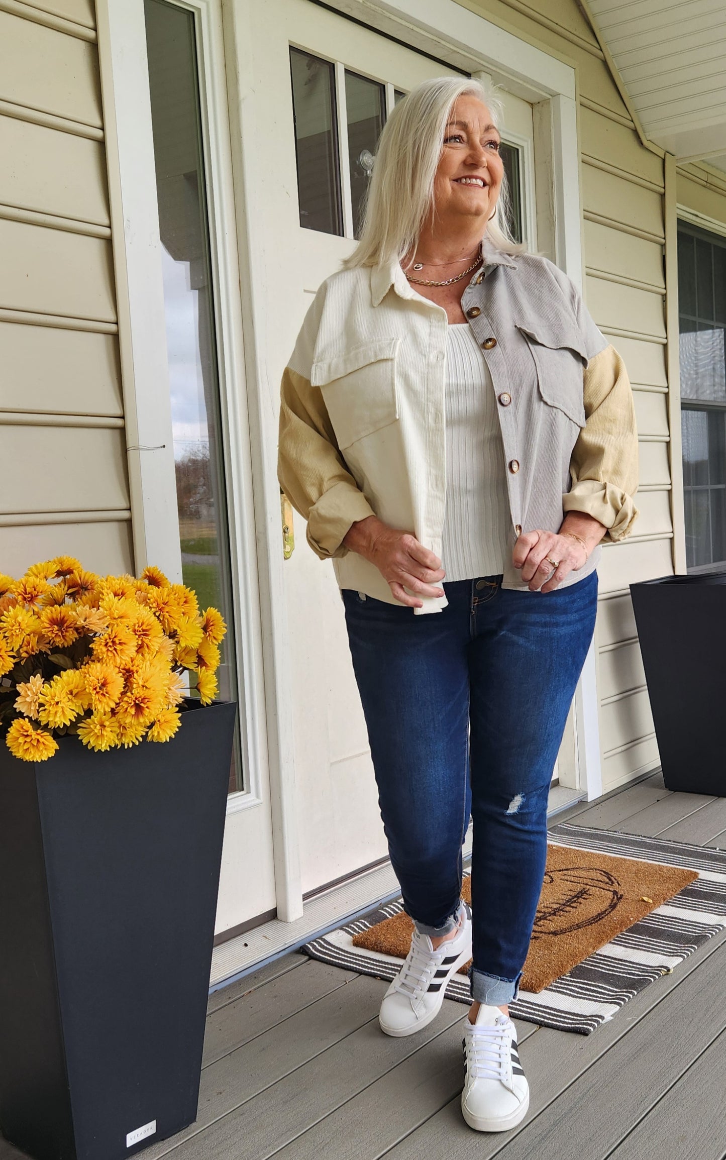 Curvy Colorblock Button Down Jacket - Grey/Taupe
