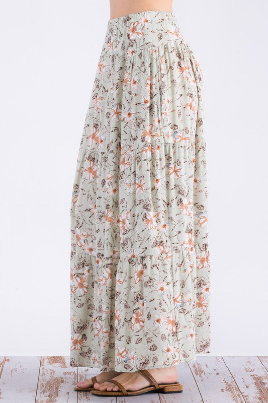 Floral Long Skirt W/ Elastic High Waist