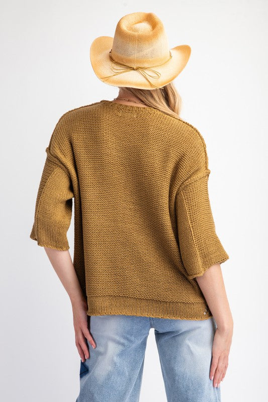 Plus Size - Half Sleeve Knitted Boxy Sweater - Martini Olive