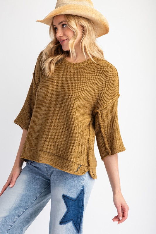 Plus Size - Half Sleeve Knitted Boxy Sweater - Martini Olive