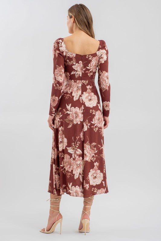 Floral Square Neck Long Sleeve Midi Dress - Burgundy