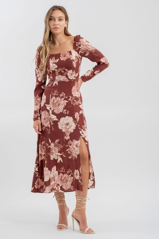 Floral Square Neck Long Sleeve Midi Dress - Burgundy