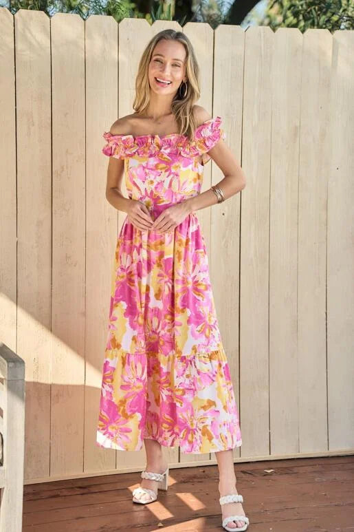 Double Ruffle Off Shoulder Midi Dress - Pink