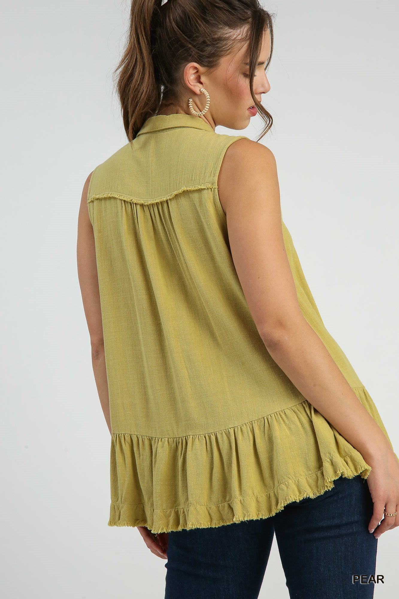 Linen Sleeveless Collared Top with Fray Details - Pear