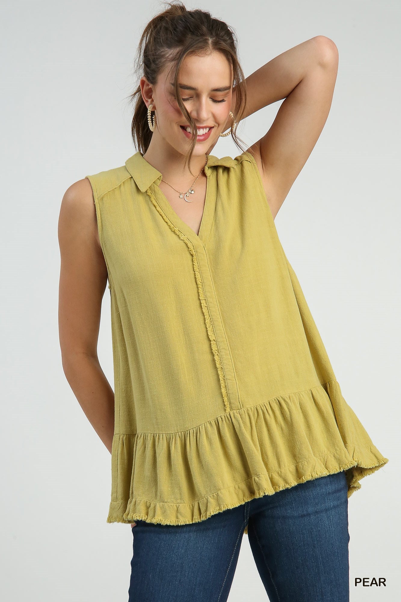 Linen Sleeveless Collared Top with Fray Details - Pear