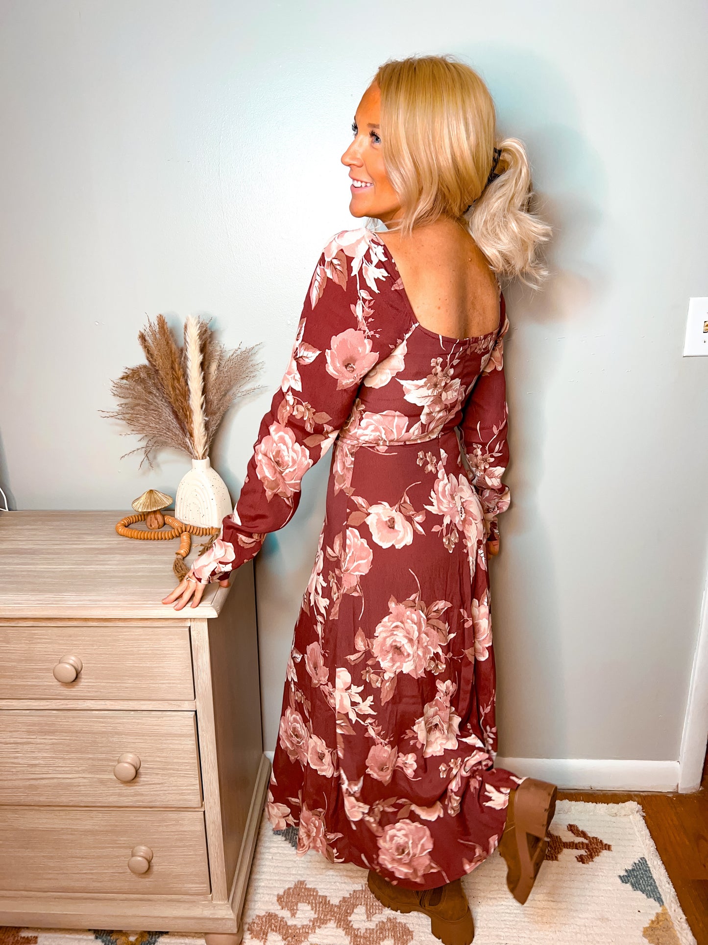 Floral Square Neck Long Sleeve Midi Dress - Burgundy