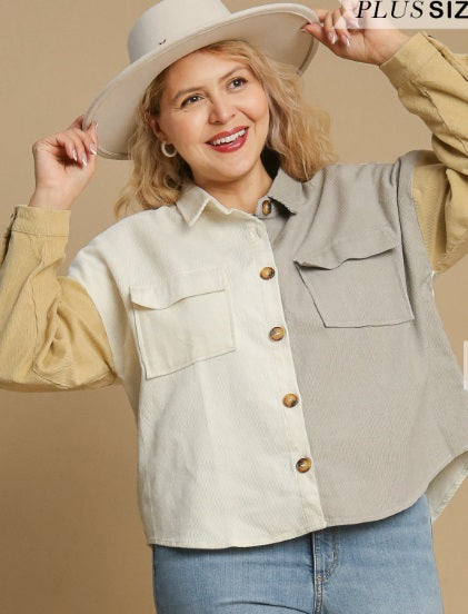 Curvy Colorblock Button Down Jacket - Grey/Taupe