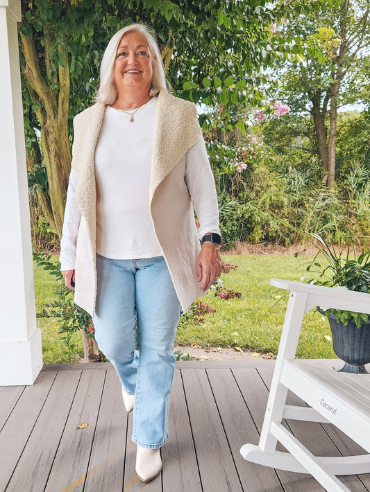 Faux Suede Sherpa Sweater Vest - Cream