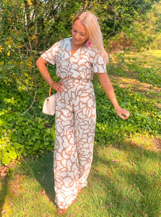 Geometric print night out jumpsuit - Taupe