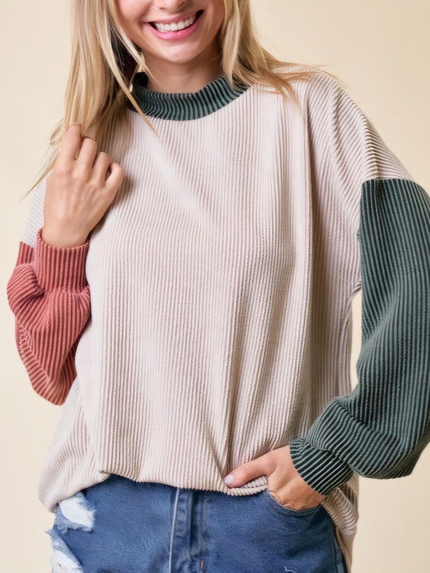 This or That Color Block Top - Oat - Olive - Rust