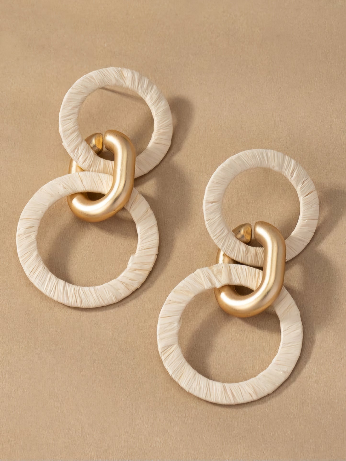 Raffia straw woven double hoop drop earrings - Ivory