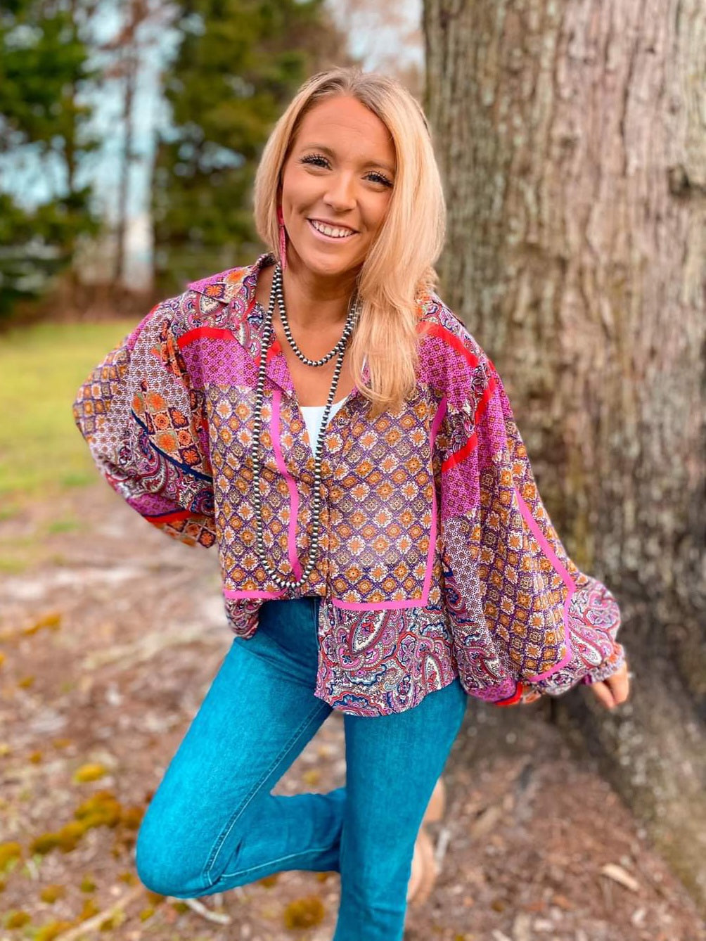 Boho Puff Sleeve Top - Fushcia Multi