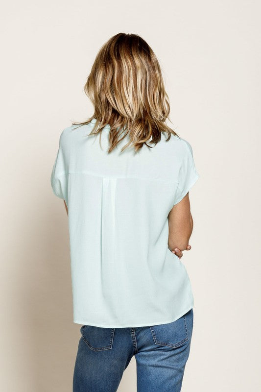 V-neck Button Down Woven Shirt - Sky