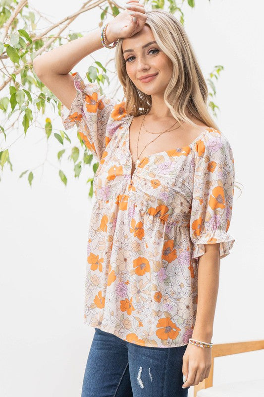 Floral Print V Wired Puff Sleeves Blouse Top - Floral – Coastal Loft